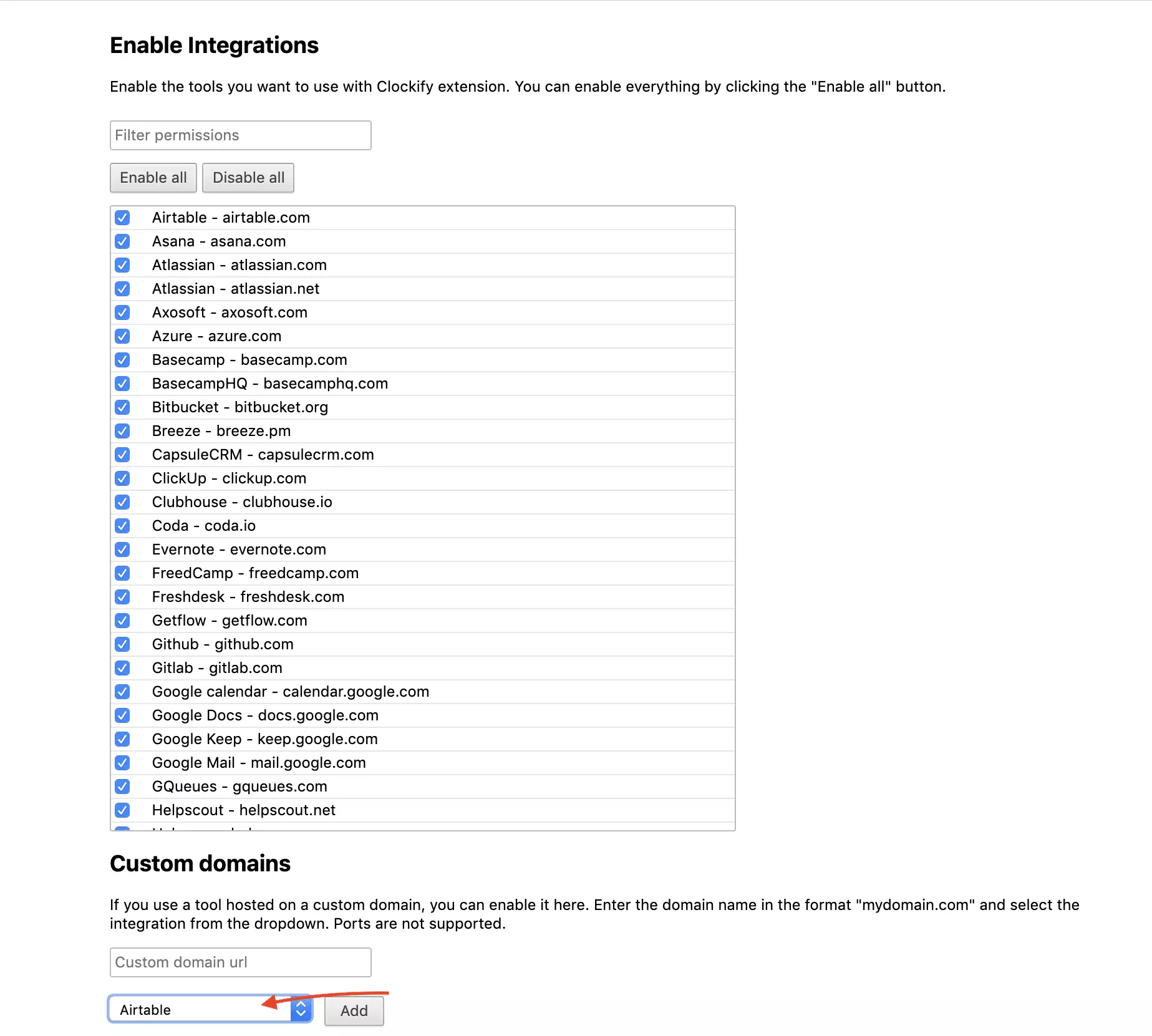 Clockify integration selection