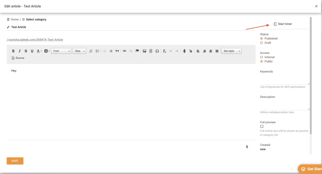 Clockify timer in knowledge base