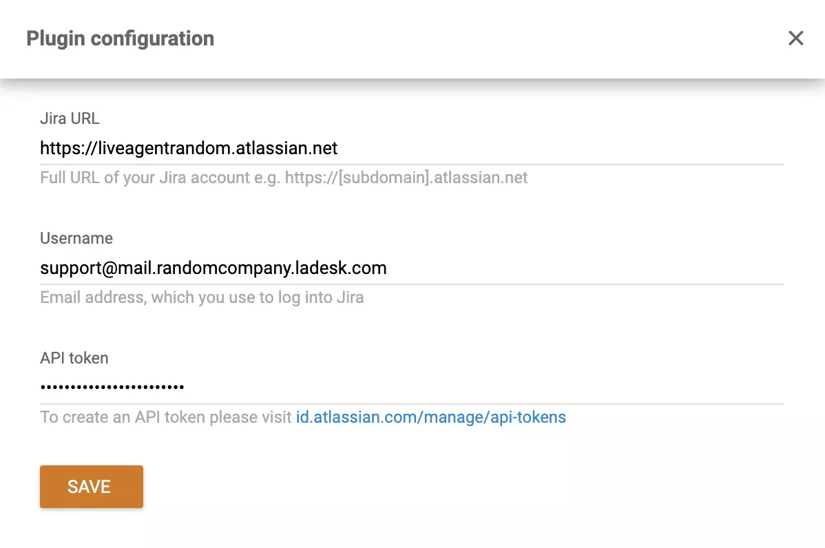 Jira plugin configuration window in LiveAgent settings