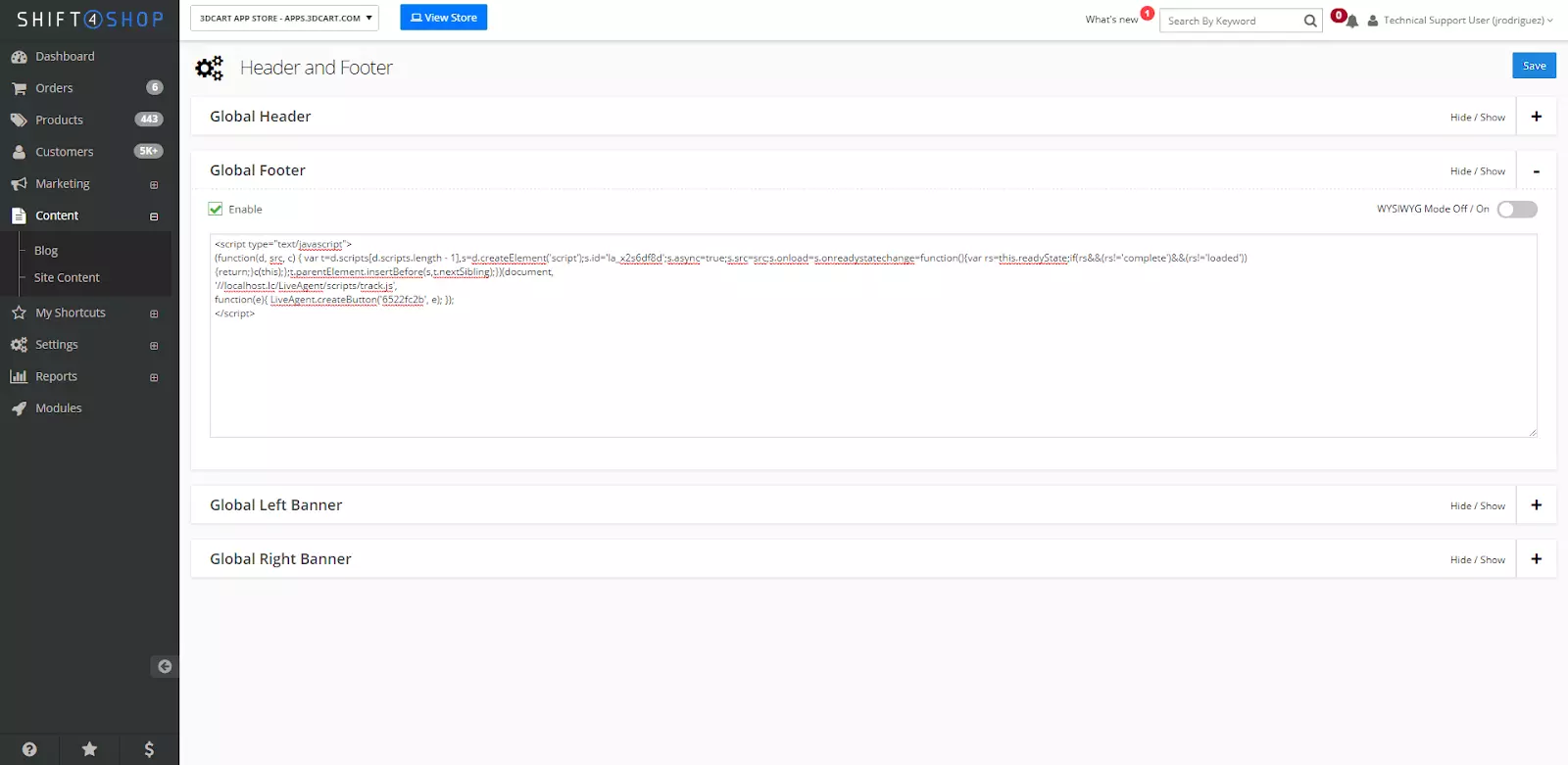 Shift4Shop postavke s opcijom prilagodbe koda