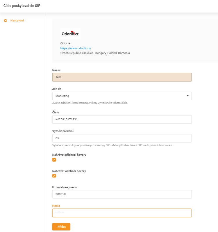 Odorik.cz vjerodajnice