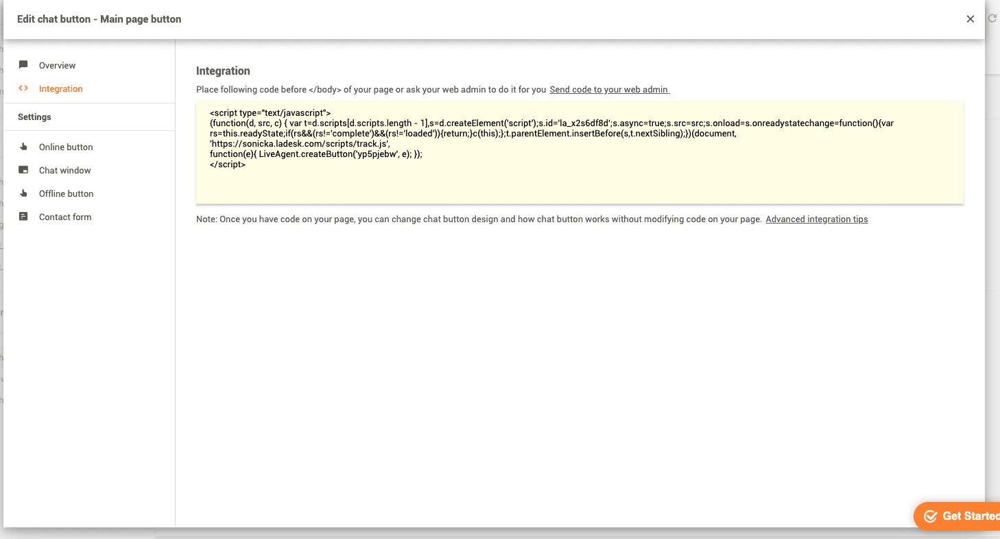 Lokacija koda gumba za LiveAgent chat