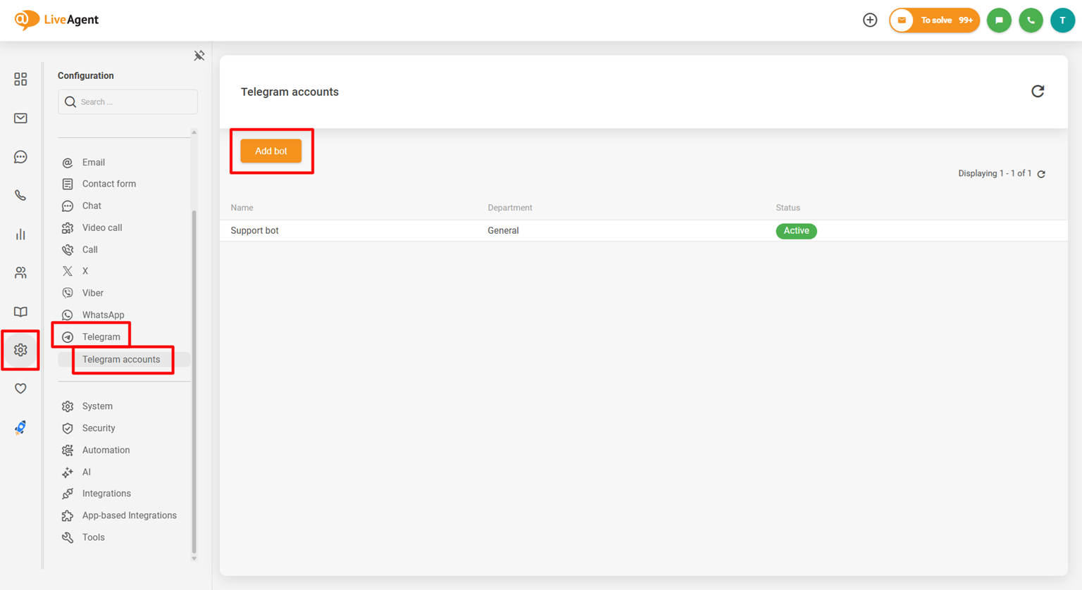 Snimka zaslona LiveAgent Telegram ploče za konfiguraciju integracije koja prikazuje gumb Dodaj bota
