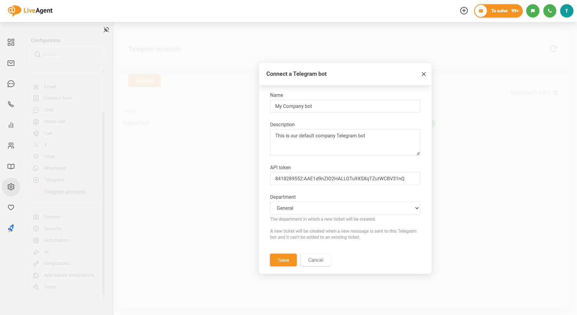 Snimka zaslona LiveAgent Telegram integracije kako povezati bota