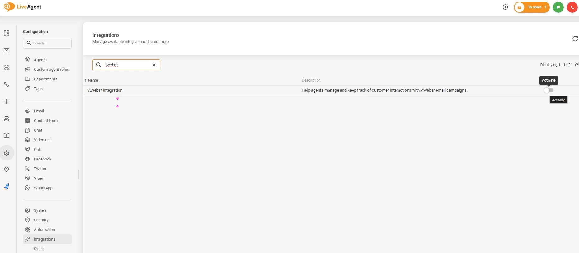 Aktivirajte AWeber integraciju u LiveAgentu