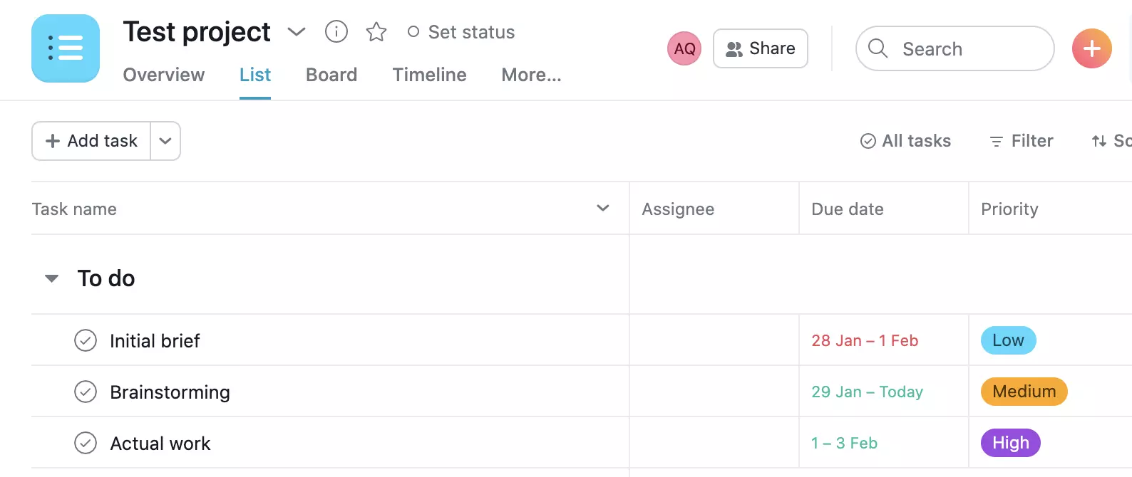 Asana primjer projekta