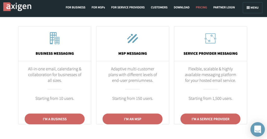 Axigen web stranica s cjenovnim planovima