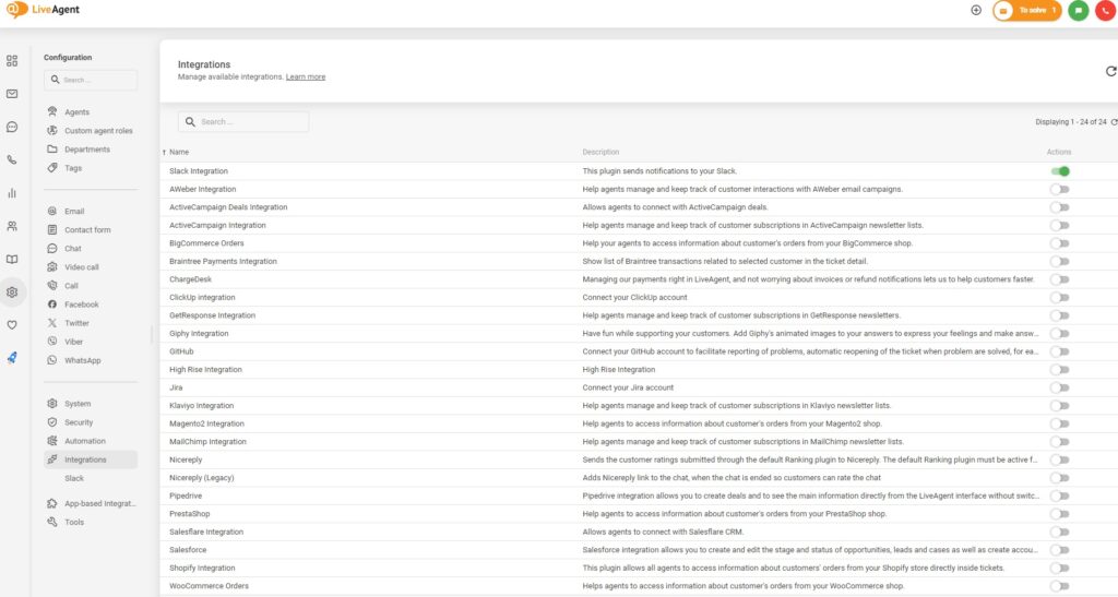 Aktivirajte integracije u LiveAgentu