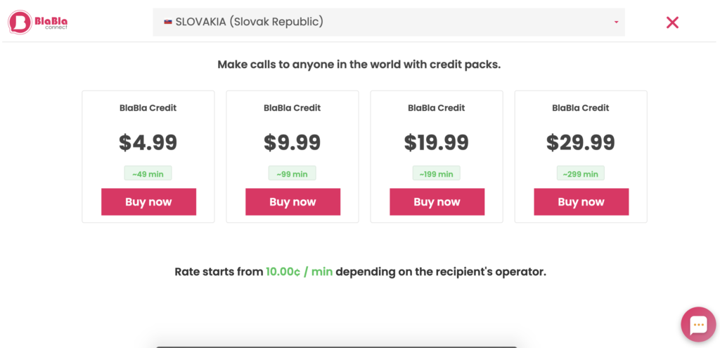 BlaBla Connect planovi cijena prikazani na web stranici