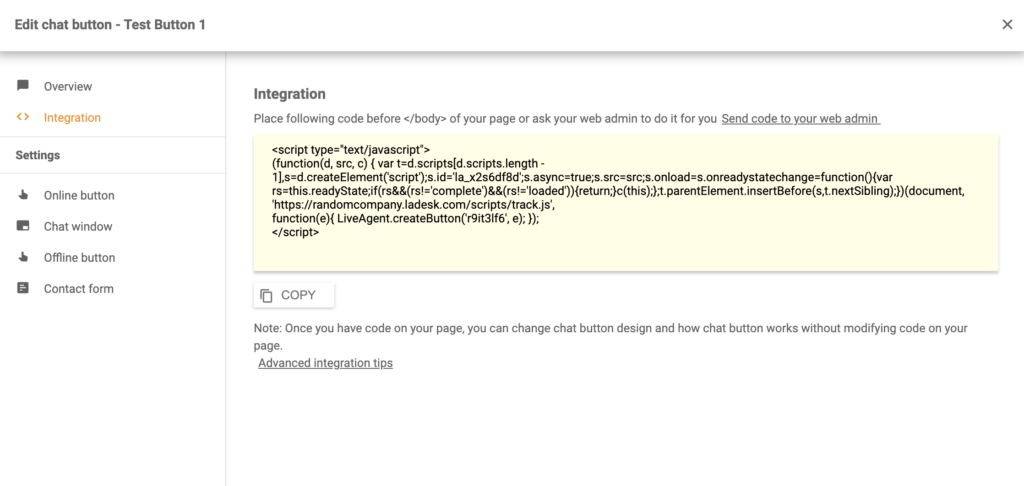 Kod gumba za chat generiran u LiveAgent