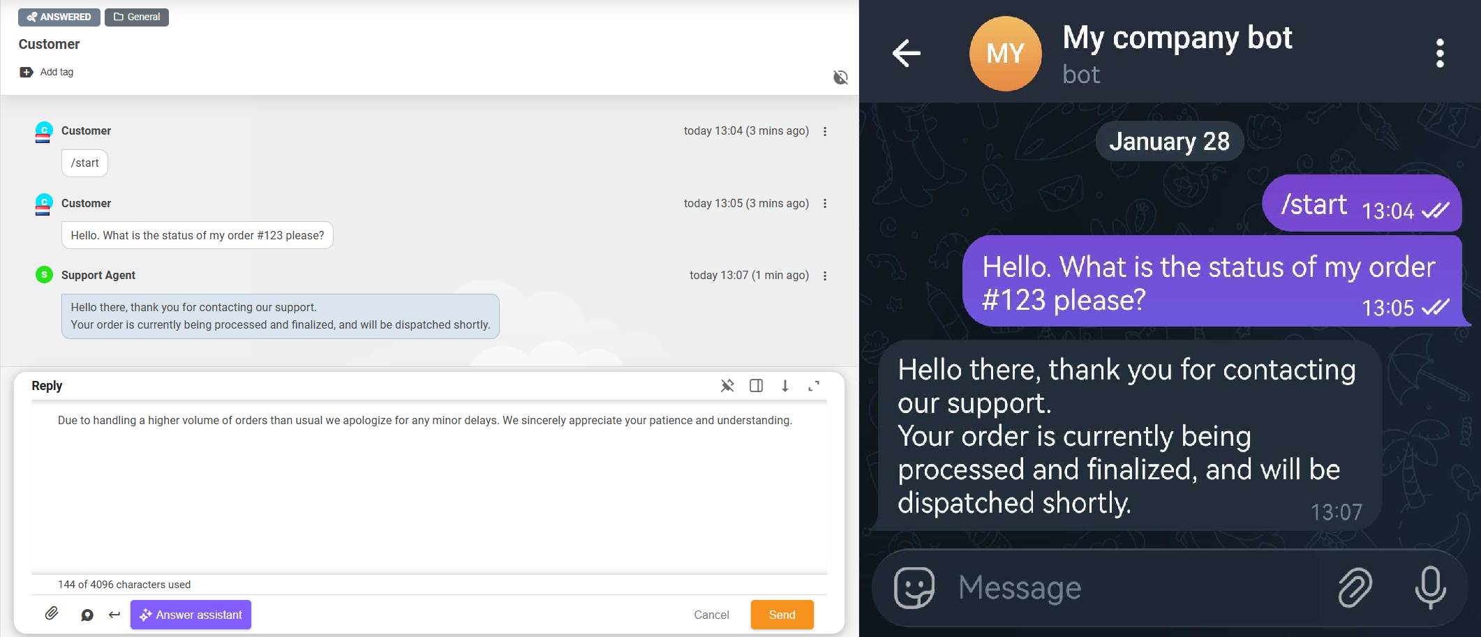 sučelje Telegram bota tvrtke