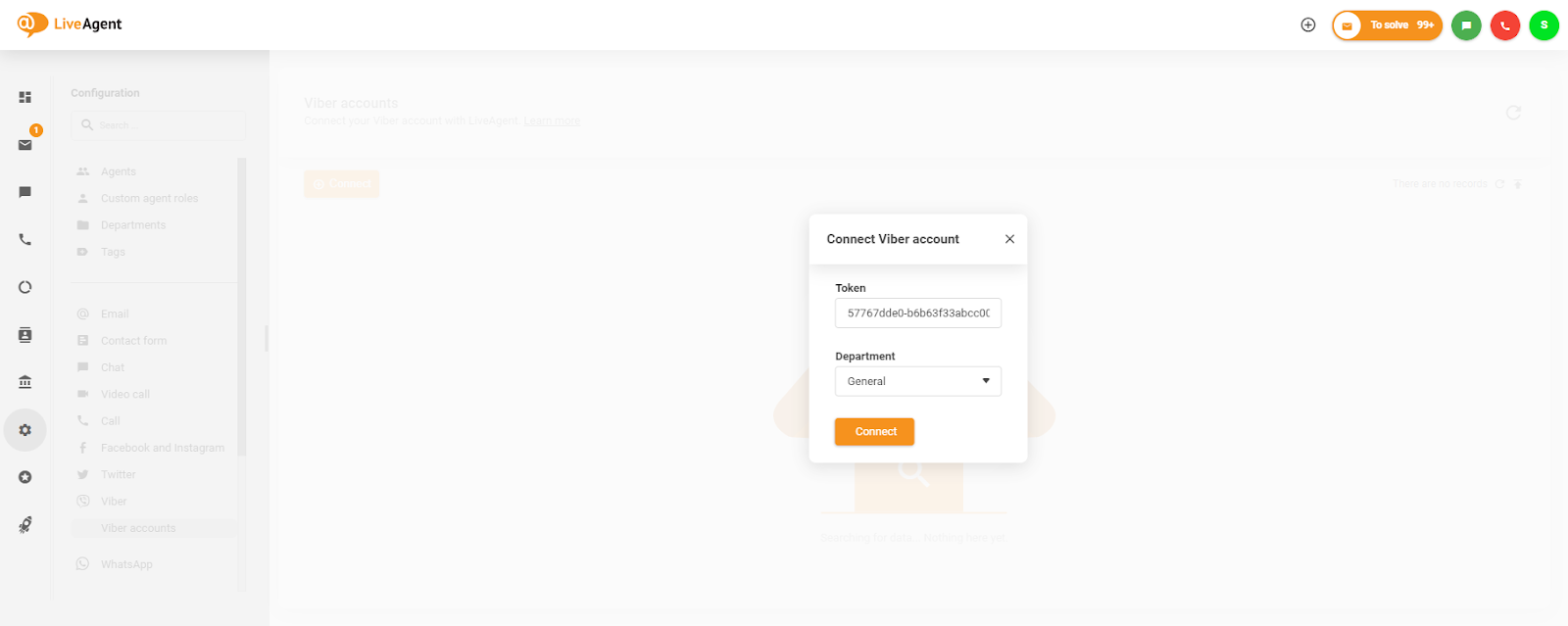 Postavljanje tokena u prozor Poveži Viber račun