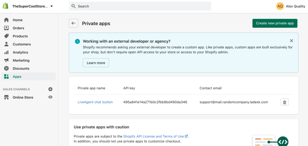 Kreirajte novu privatnu aplikaciju u Shopifyju kako biste kreirali integraciju s LiveAgent
