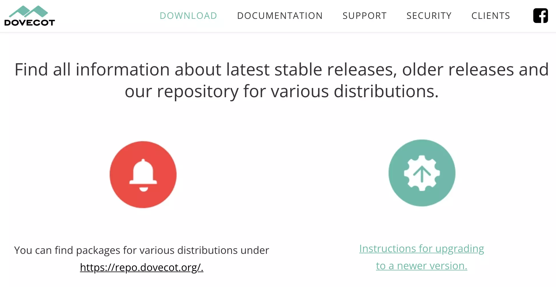 Dovecot web stranica s dostupnim preuzimanjima najnovije verzije