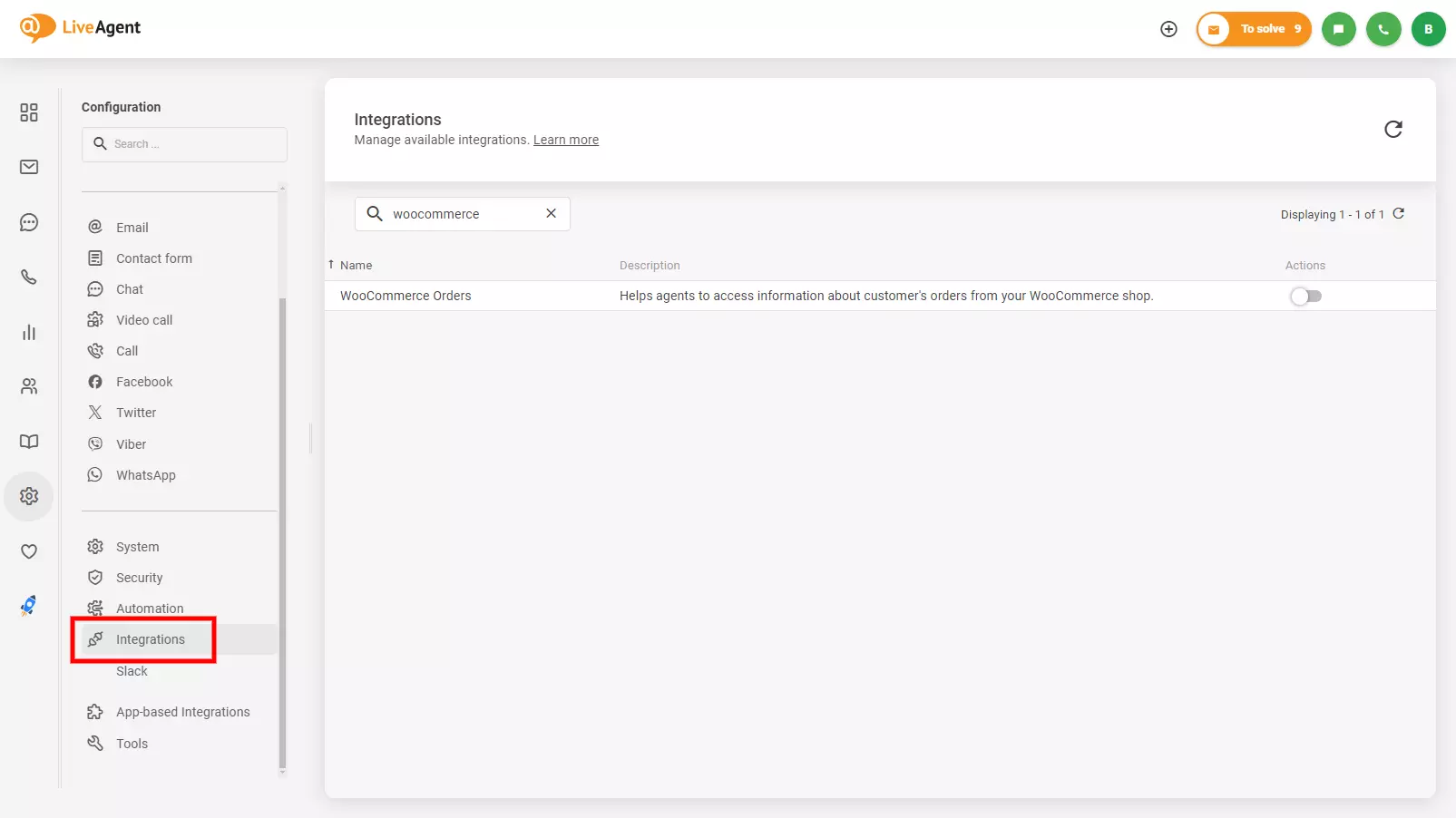Slika koja pokazuje gdje pronaći WooCommerce integraciju u LiveAgent-u