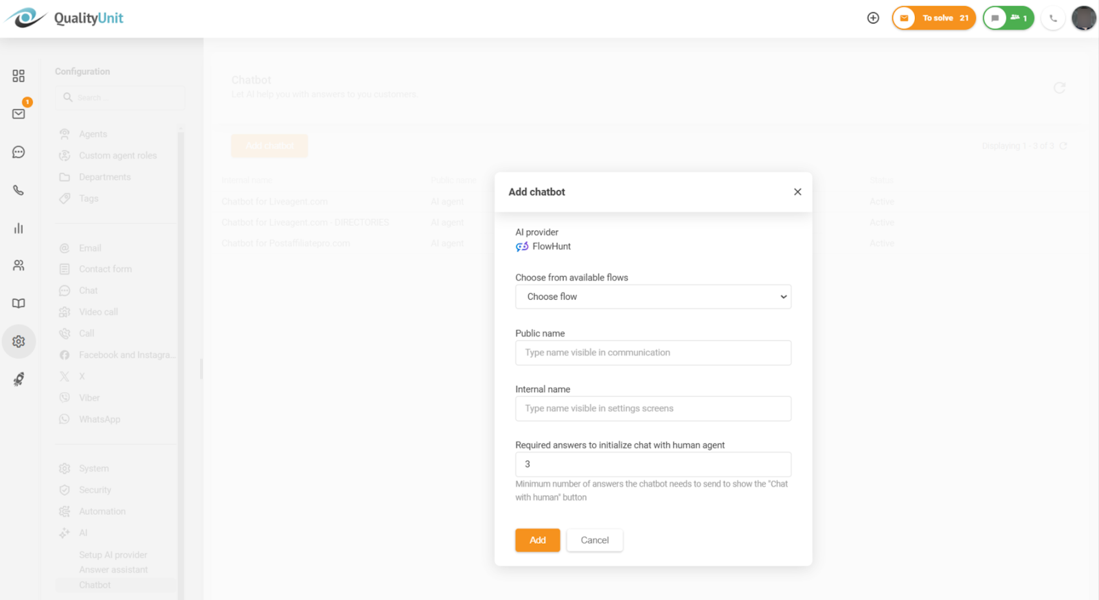 Konfiguriranje minimalnog broja potrebnih odgovora prije omogućavanja opcije za razgovor s čovjekom