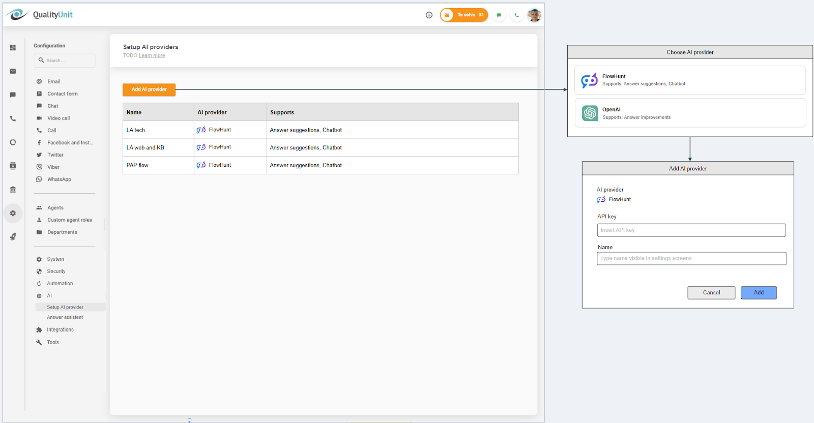 Povezivanje LiveAgent AI pružatelja