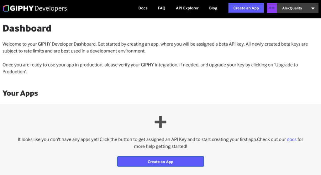 Giphy nadzorna ploča s opcijom kreiranja aplikacije za generiranje API ključa