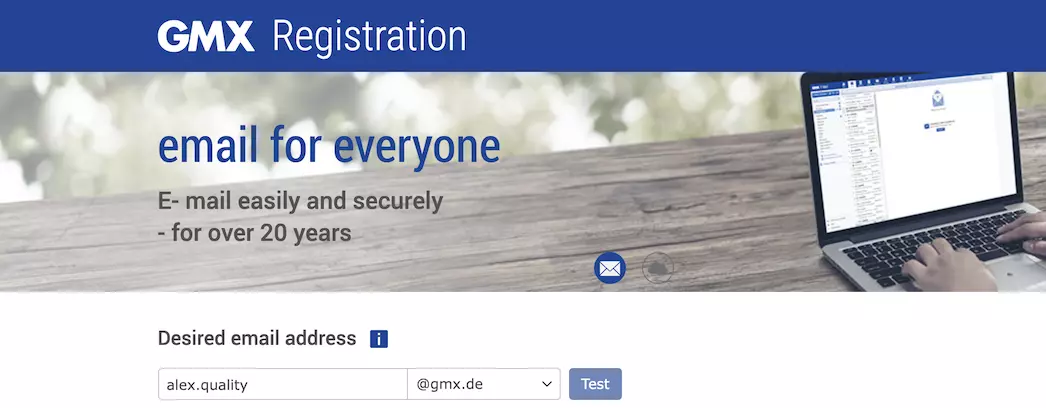 GMX stranica registracije s poljima za informacije