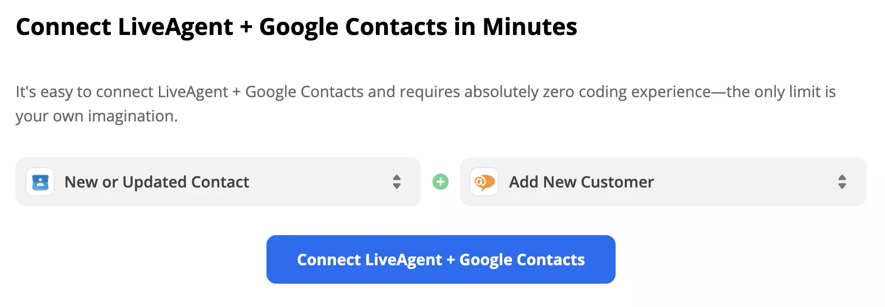 Google Contacts okidač Novi ili ažurirani kontakt i LiveAgent radnja Dodaj novog kupca