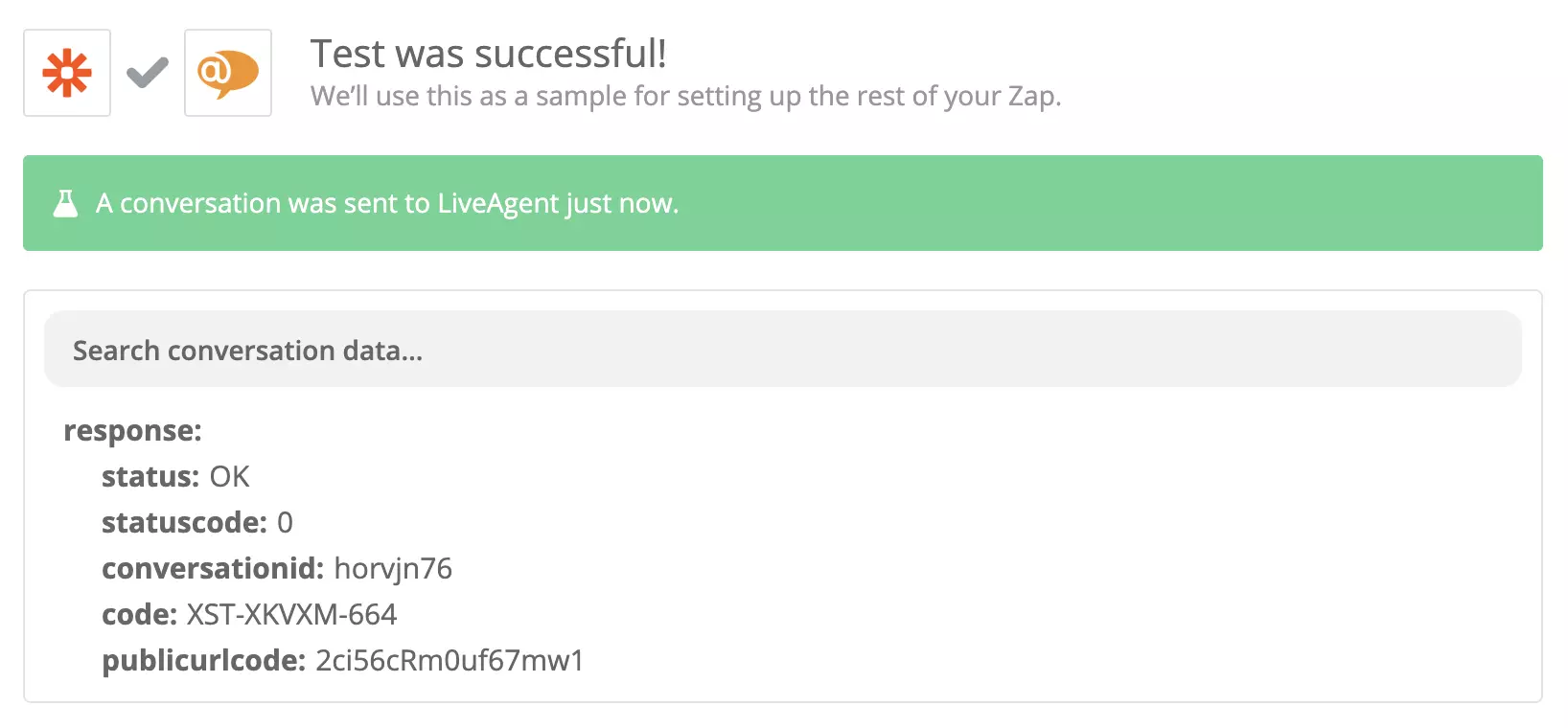 Successful test of a Google Forms and LiveAgent integration on Zapier