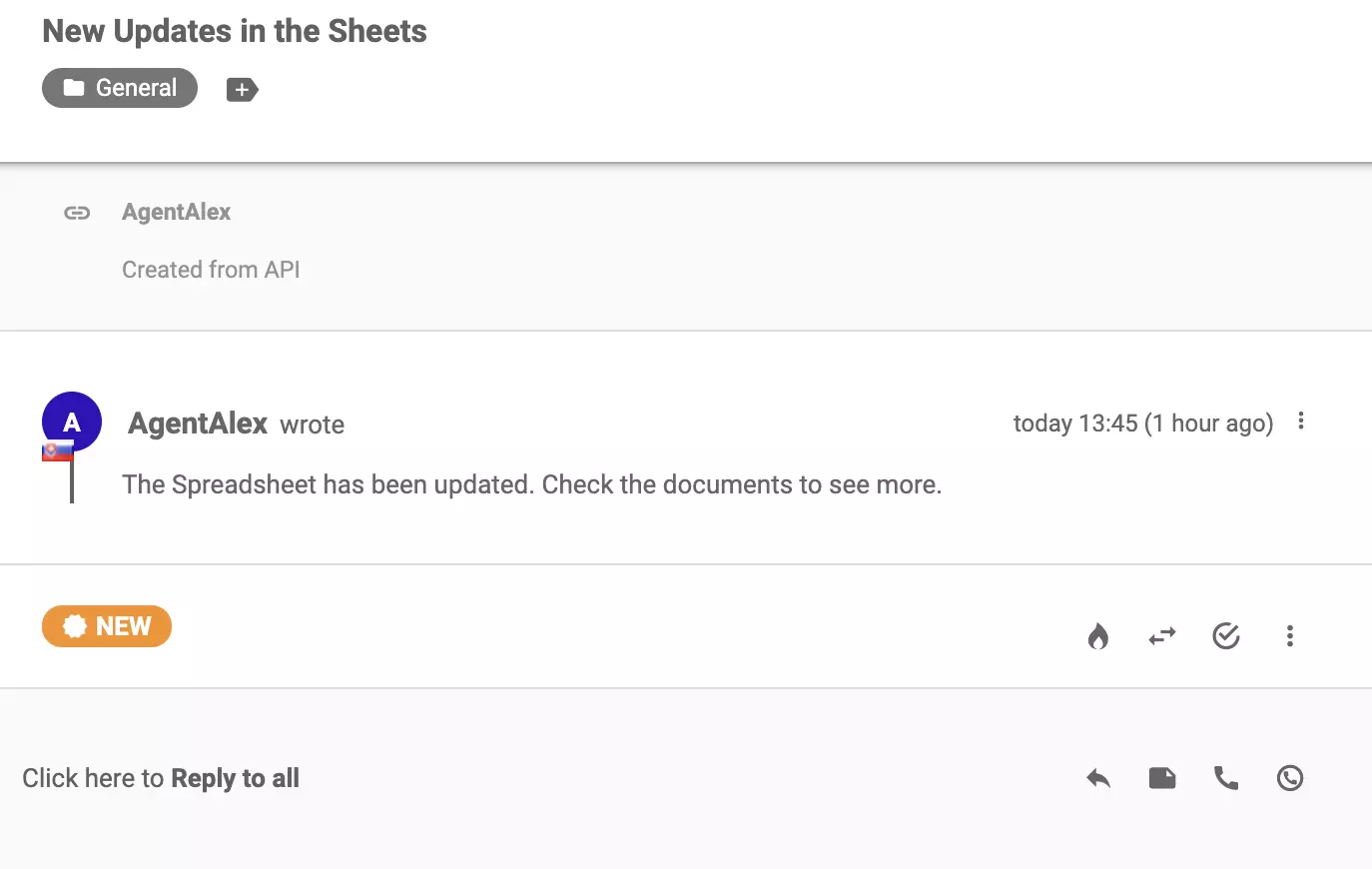 A new ticket that arrived into the ticketing system after successful integration with Google Forms