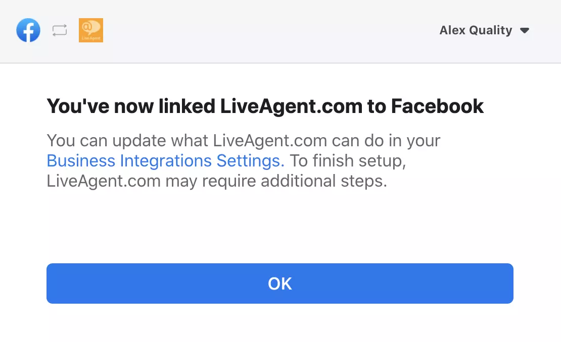 Prozor koji potvrđuje uspješnu integraciju između Facebooka i LiveAgent