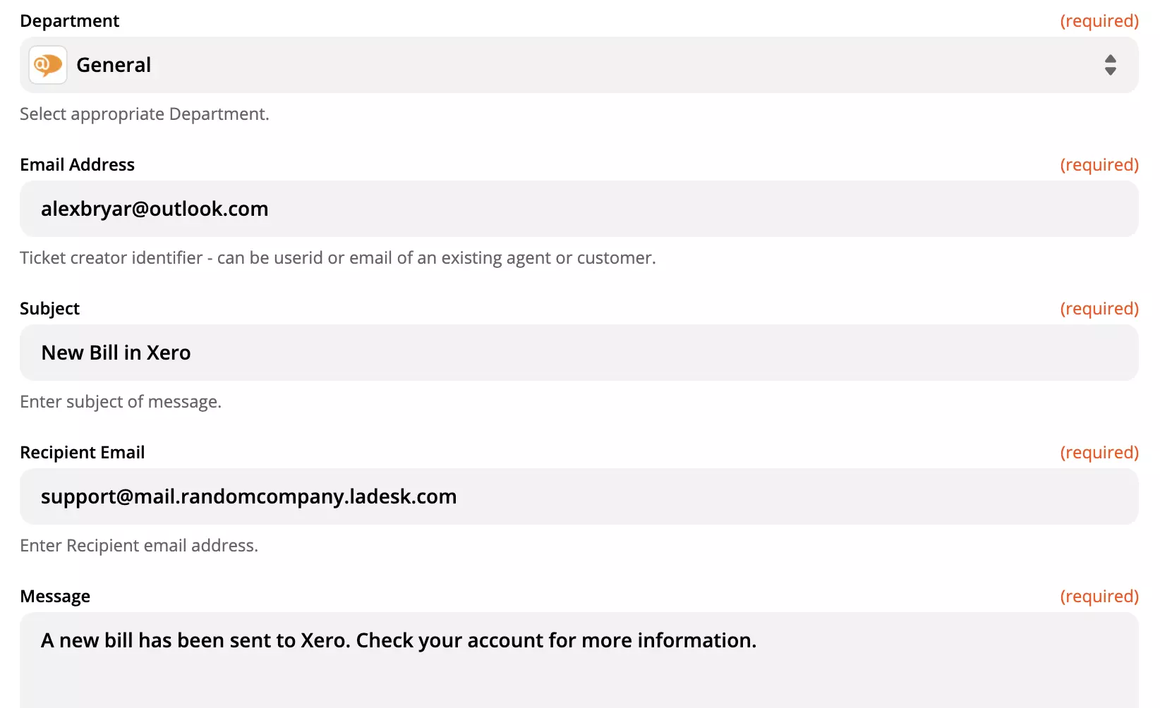 Opcije konfiguracije LiveAgent akcije na Zapier stranici
