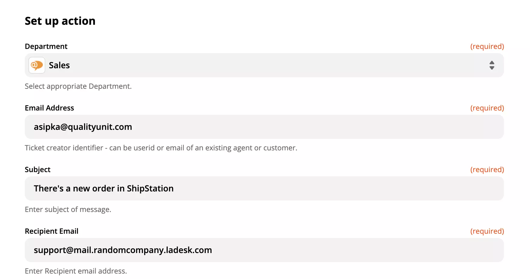 Konfiguracija LiveAgent akcije