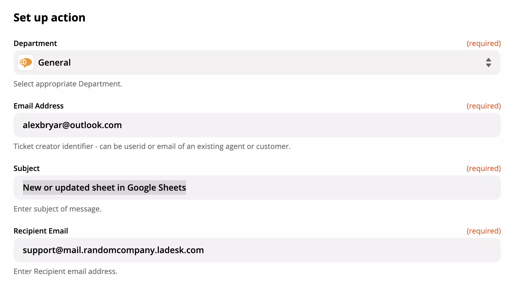 Postavljanje LiveAgent akcije u integraciji Google Sheets-a