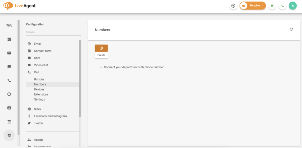 Zaslon broja poziva LiveAgent-a s opcijom za stvaranje novog broja