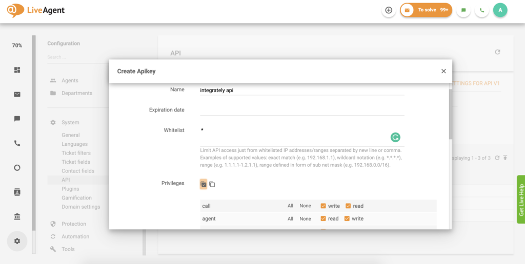 Postavka API ključa u LiveAgent