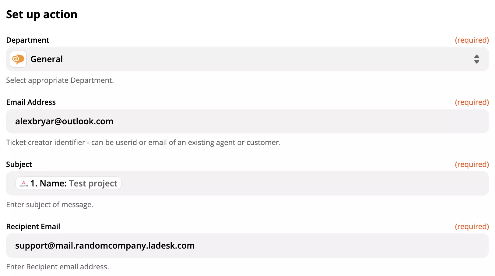 LiveAgent postava radnje u Asana integraciji na Zapier-u