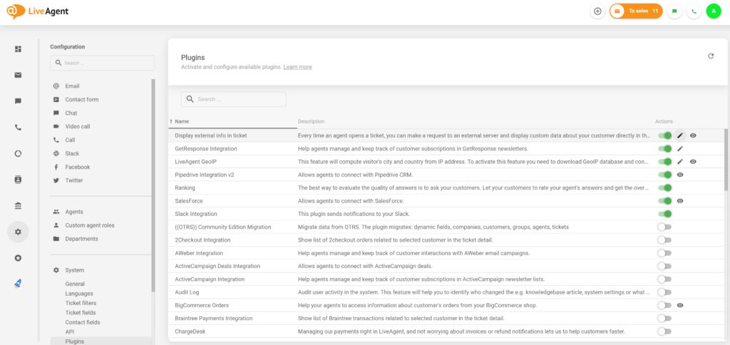 Aktivni dodatak za vanjske informacije u LiveAgent konfiguraciji