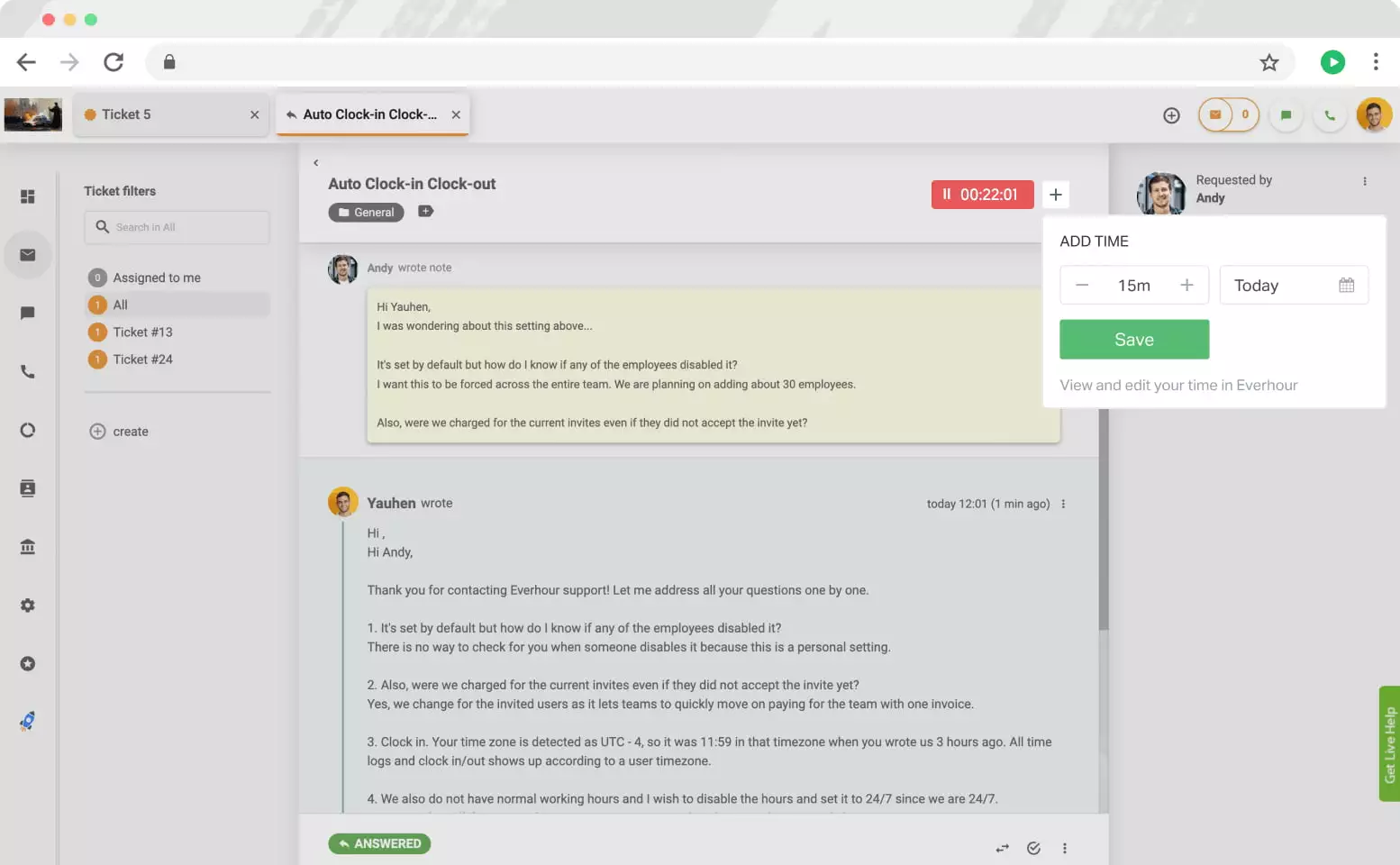 Everhour kontrole u LiveAgent-u