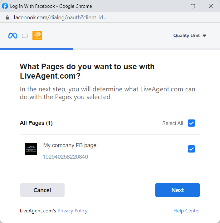 Prozor koji vam omogućava odabir koje Facebook stranice želite integrirati s LiveAgent