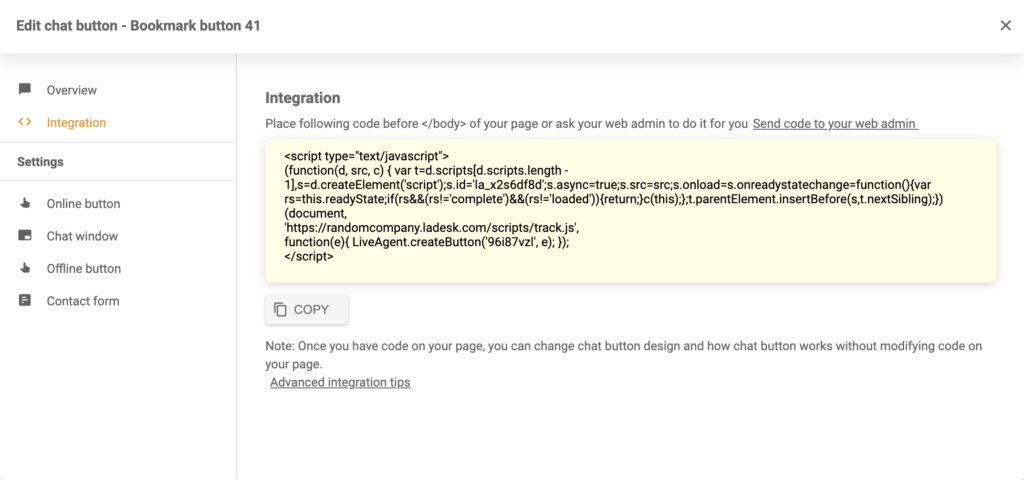 Generirani kod za integraciju gumba za chat u LiveAgentu