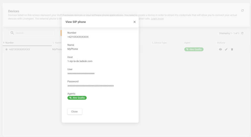 Detalji novostvorenog SIP telefona u LiveAgent konfiguraciji
