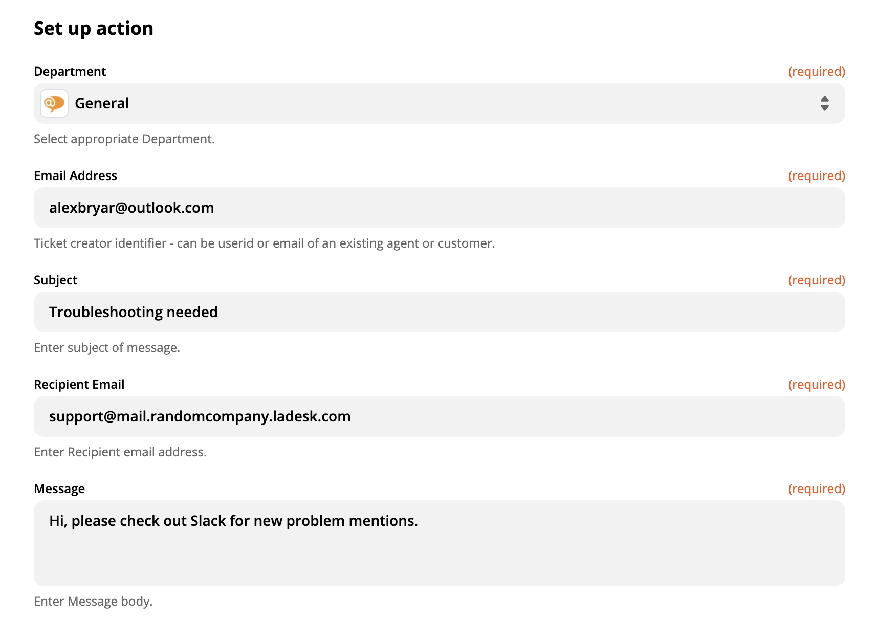 Prikaz postavljanja LiveAgent akcije na Zapier-u