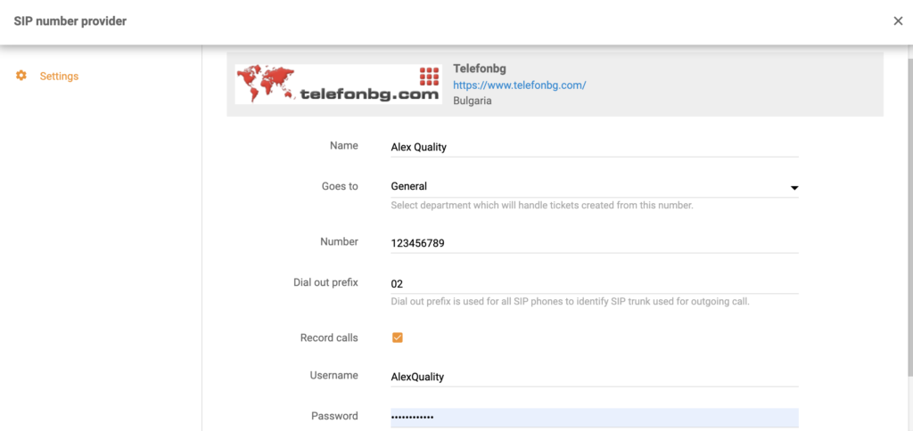 Postavljanje TelefonBG pri dodavanju novog broja centra za pozive u LiveAgent