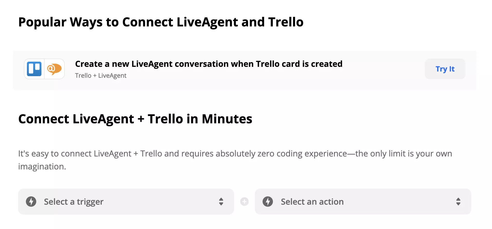 LiveAgent and Trello integration on Zapier with Trigger and Action selection