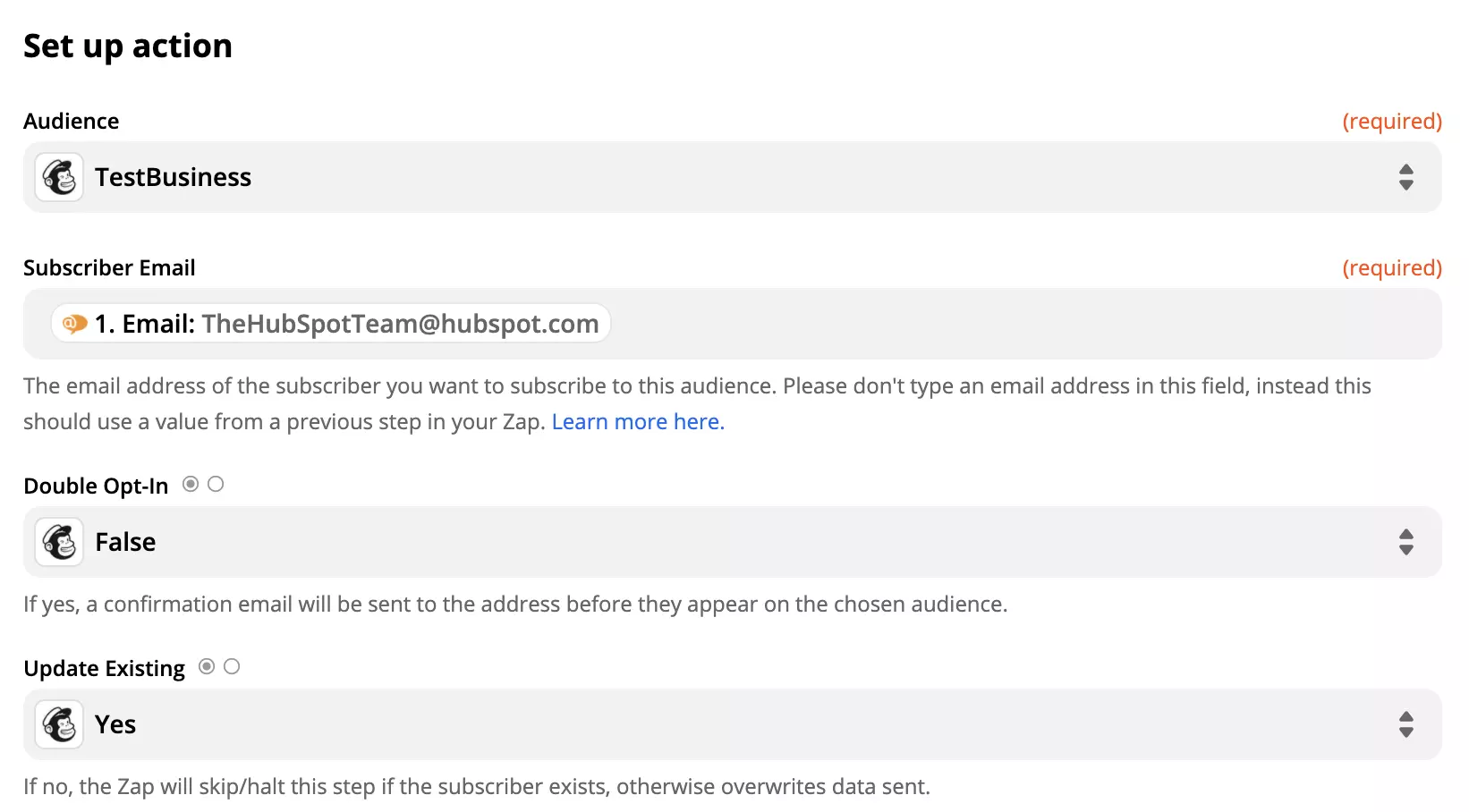 Postavljanje Mailchimp akcije