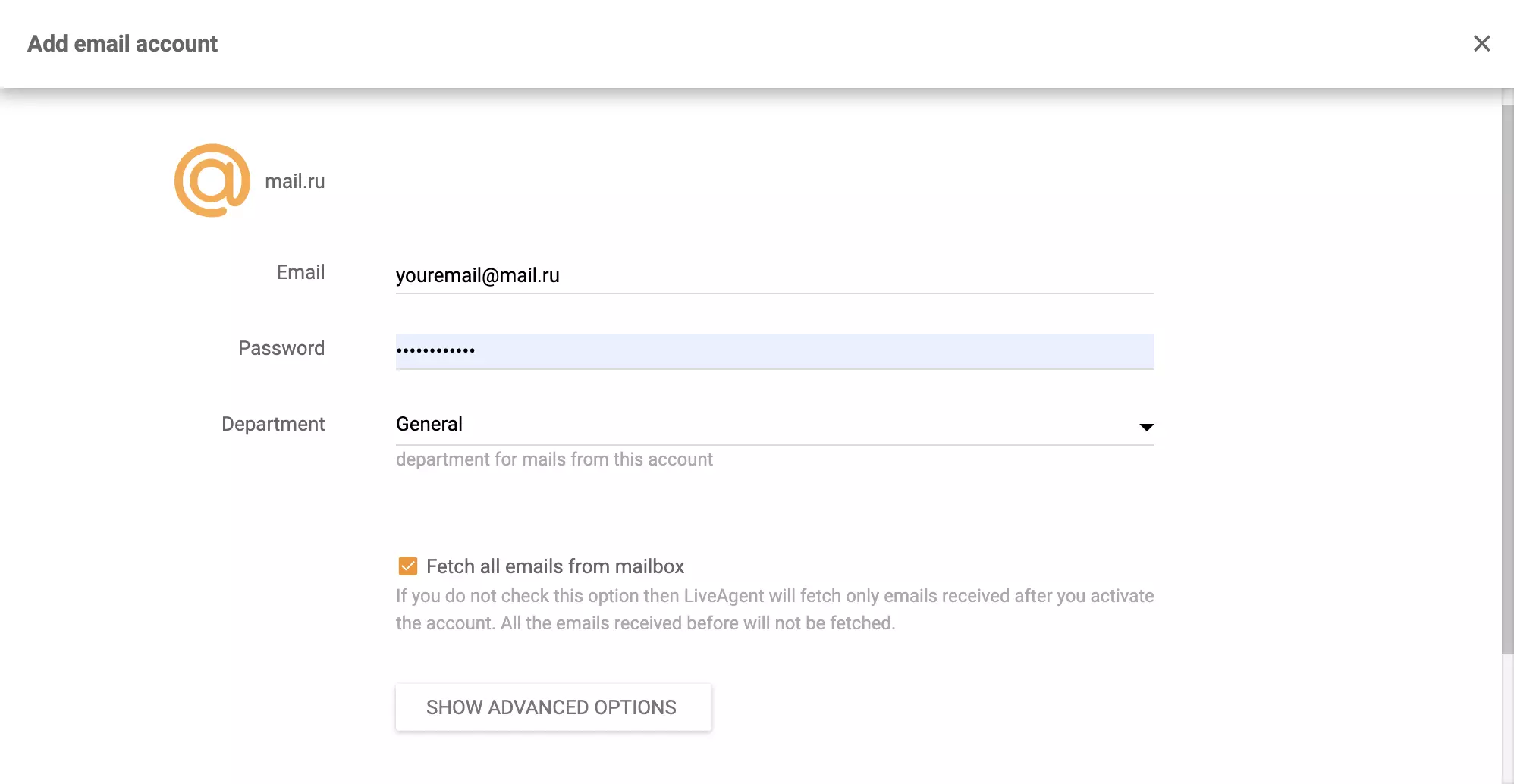 Mail.ru konfiguracija u LiveAgent-u