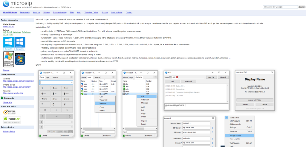 MicroSIP početna stranica