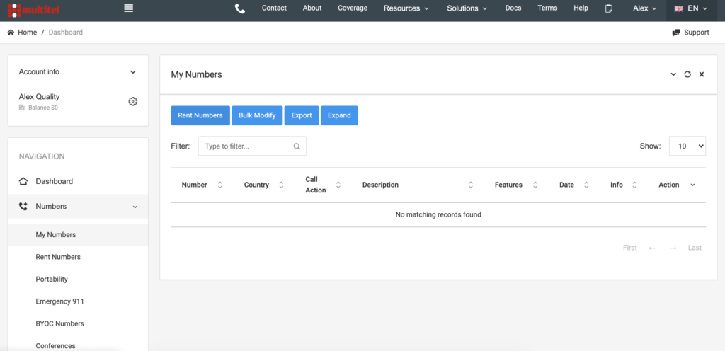 MultiTEL nadzorna ploča s opcijama brojeva