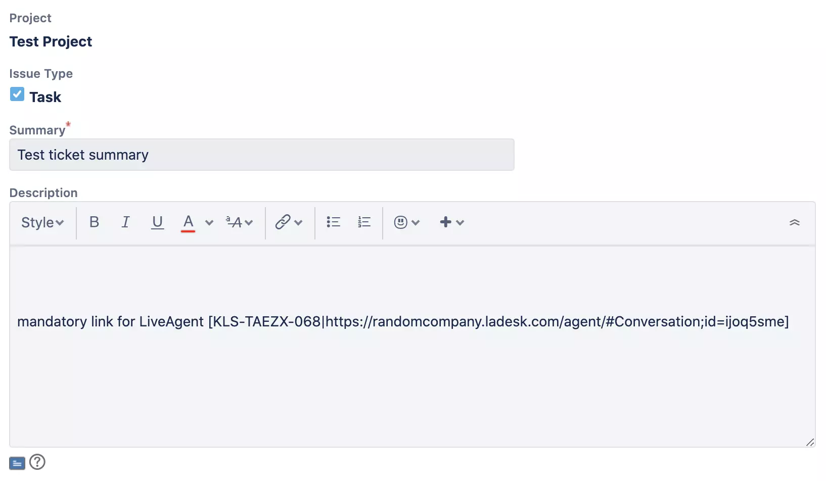 A new Jira window with creation and description of the new issue