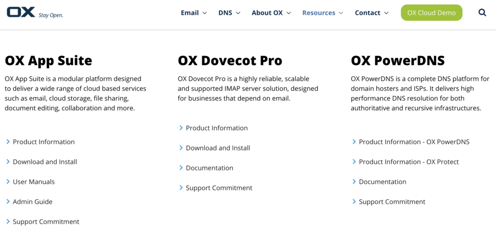 Web stranica Open-Xchange s opcijama preuzimanja i vodiču