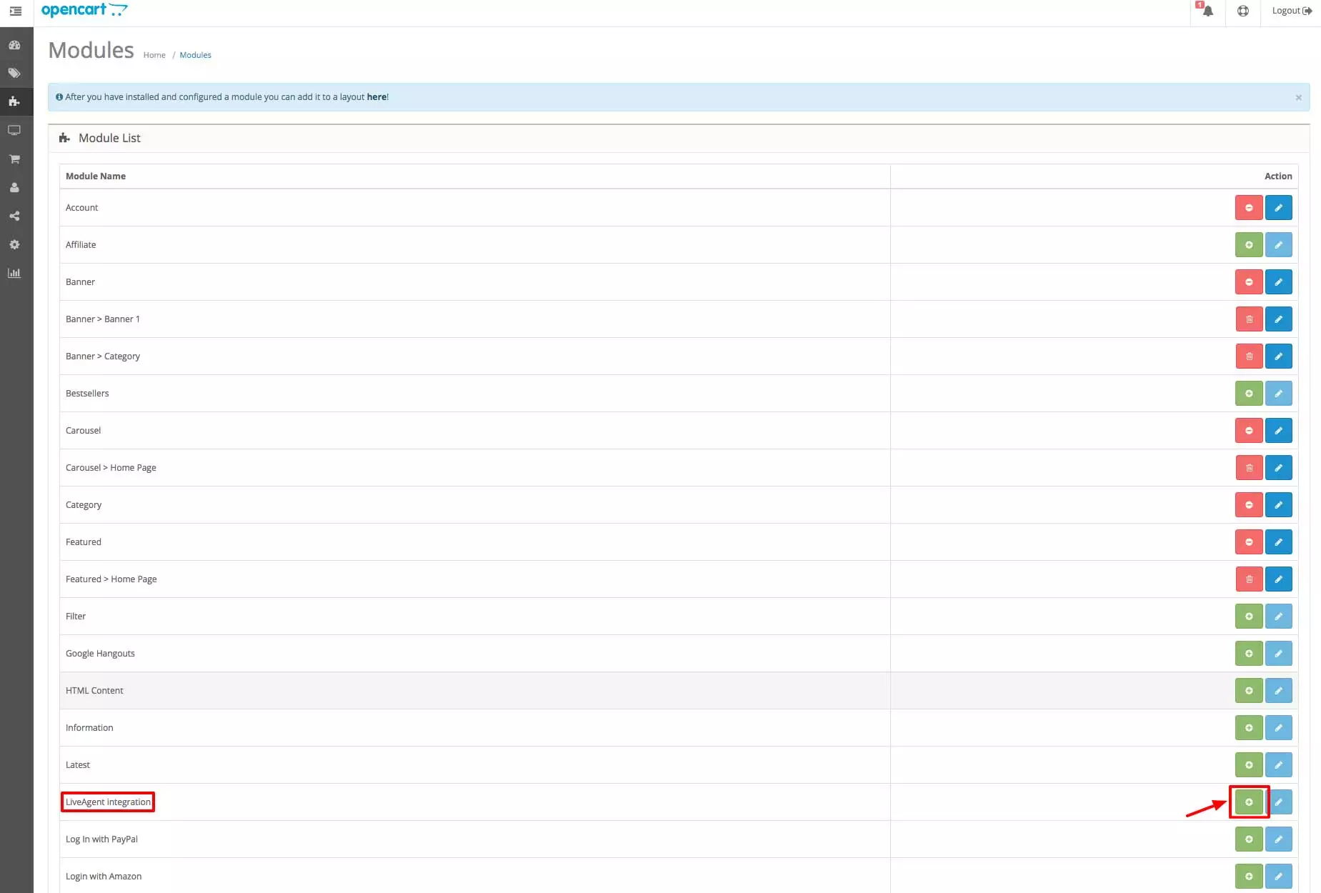 OpenCart LiveAgent integracija - Odjeljak Moduli