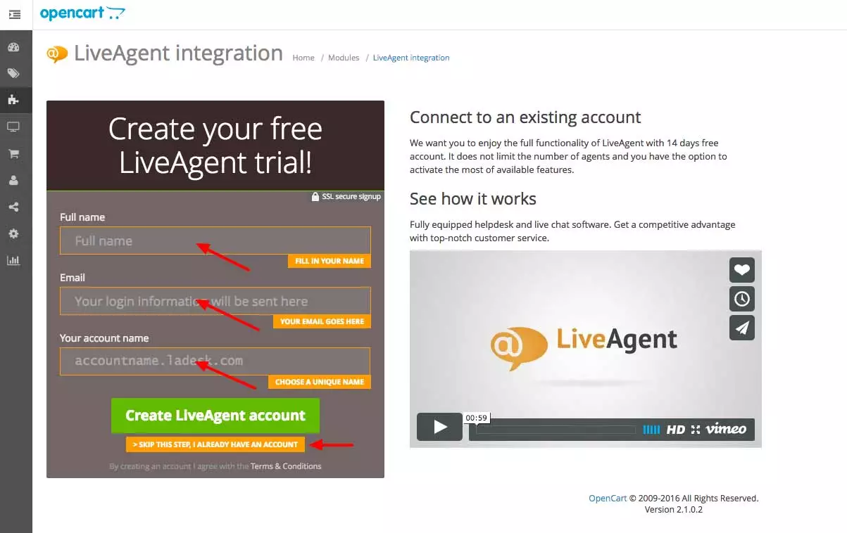 OpenCart LiveAgent integracija - Unos vjerodajnica