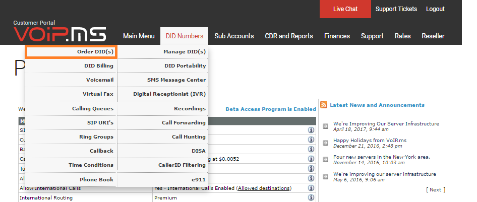 DID brojevi odjeljak u VoIP.ms
